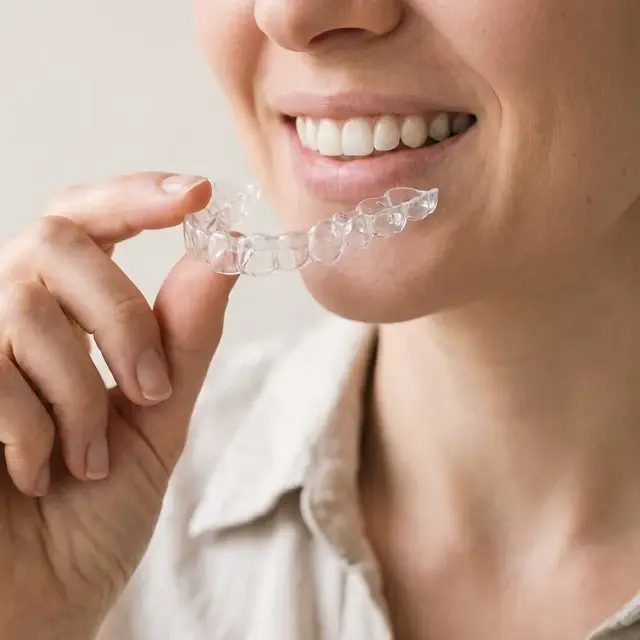 A clear aligner held in front of a smile
